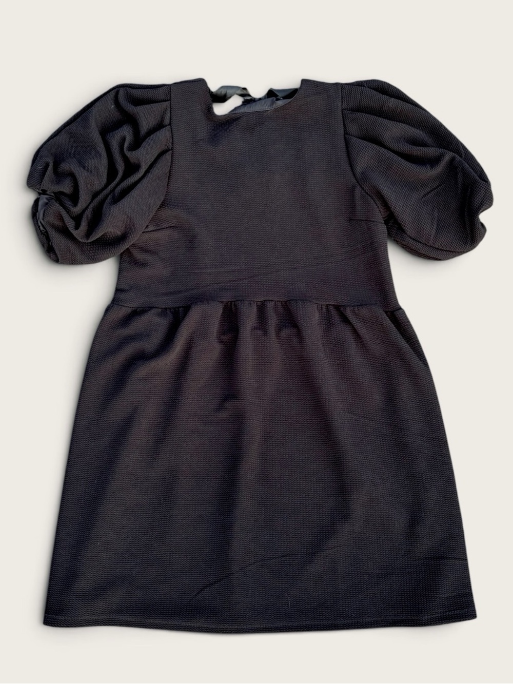 HYFVE Women’s S Black Puff Sleeve Mini Dress Tie Back Babydoll Cottagecore